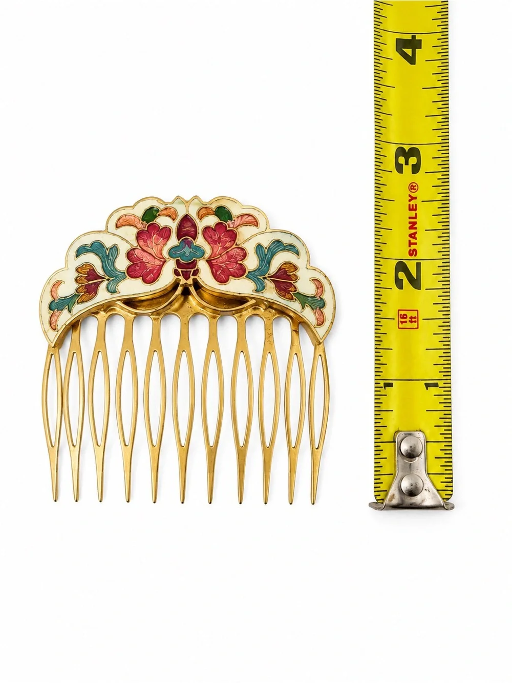Vintage 1970s Cloisonné Floral Hair Combs Pair Gold Tone Enamel